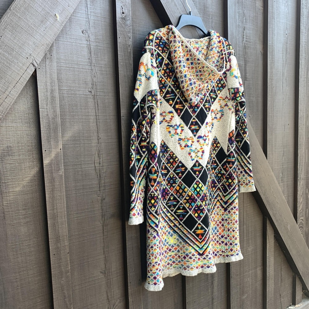 Boho Aztec Hooded Cardigan Sweater Open Front Long Knit Multicolor Size M - Picture 9 of 14